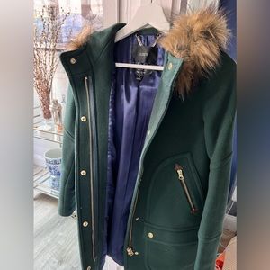 J. Crew Green Parka with Faux Fur Trim Size 0